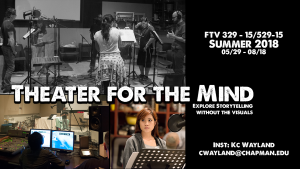 Various Recording setups involving actors circling each other, with mics and music stands for scripts, and a audio control booth.